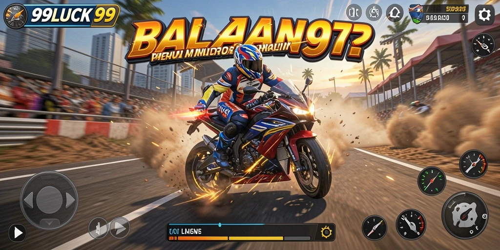 Screenshot utama 99LUCK99 menampilkan balapan motor dengan trek yang menantang.