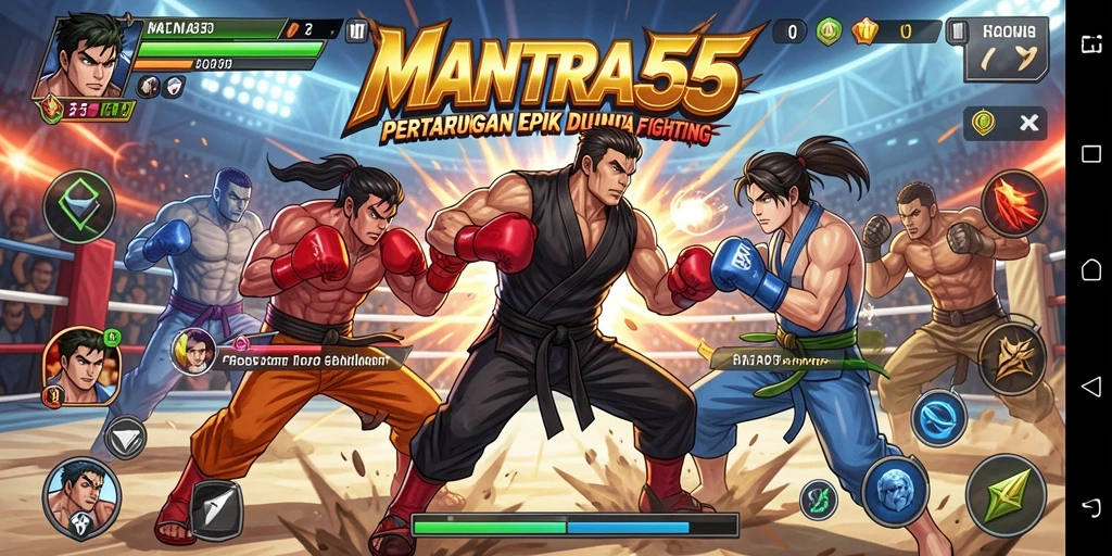 Screenshot gameplay MANTRA55 menampilkan pertarungan seru dan karakter yang beragam.