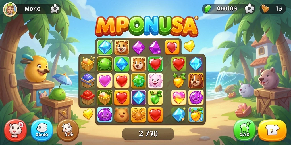Screenshot utama MPONUSA menunjukkan gameplay Match-3 yang mendebarkan.