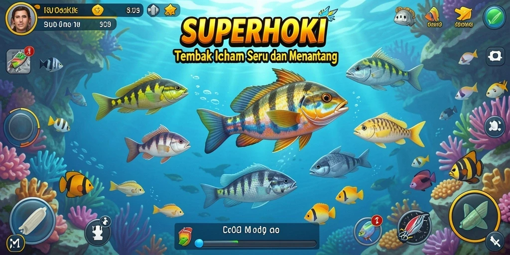 Screenshot SUPERHOKI menampilkan aksi seru menembaki ikan di lautan.